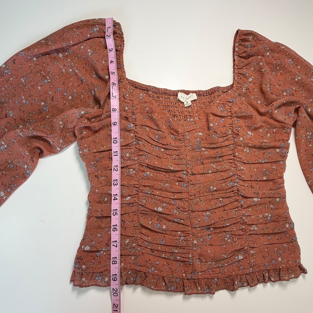 Promesa Rust Floral Ruched Long Sleeve‎ Blouse Square Neck Smocked Cuff Medium - Picture 7 of 11